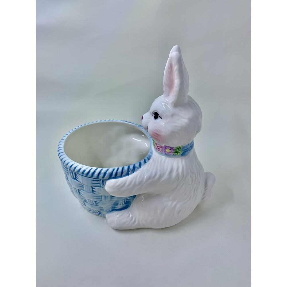 Bunny Rabbit Basket Planter Candy Trinket Dish 5 1/2" Vintage Avon Ceramic 1999